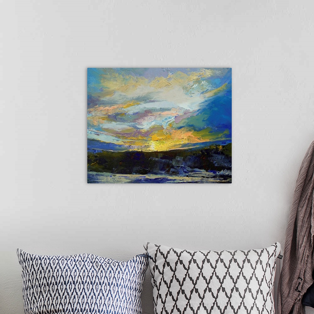 A bohemian room featuring Large, landscape abstract painting of the sun setting in a vibrant sky over a winter landscape.  ...