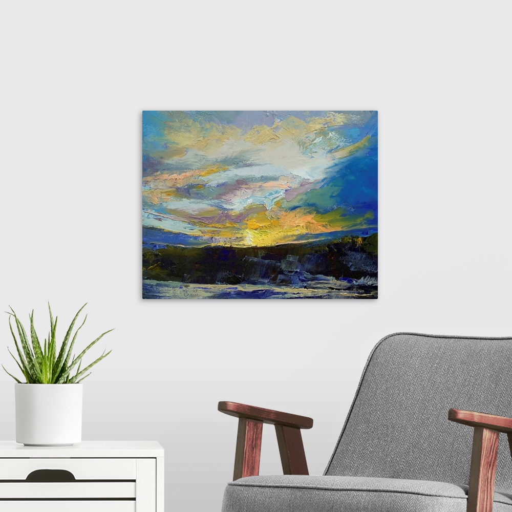 A modern room featuring Large, landscape abstract painting of the sun setting in a vibrant sky over a winter landscape.  ...