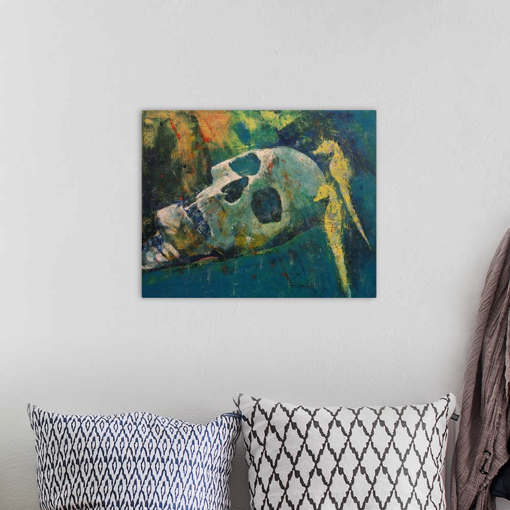 A bohemian room featuring Contemporary painting of a human skull lying beside two yellow seahorses.