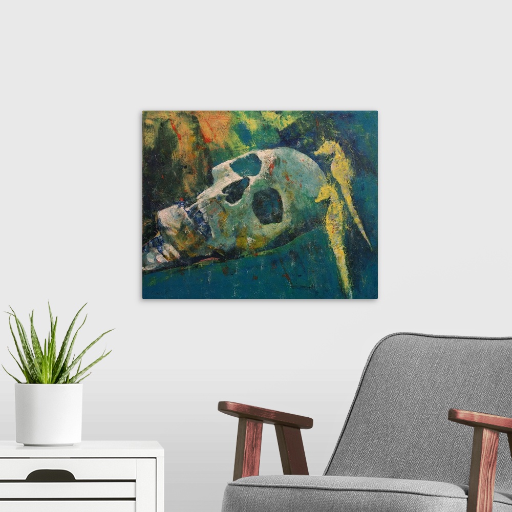 A modern room featuring Contemporary painting of a human skull lying beside two yellow seahorses.
