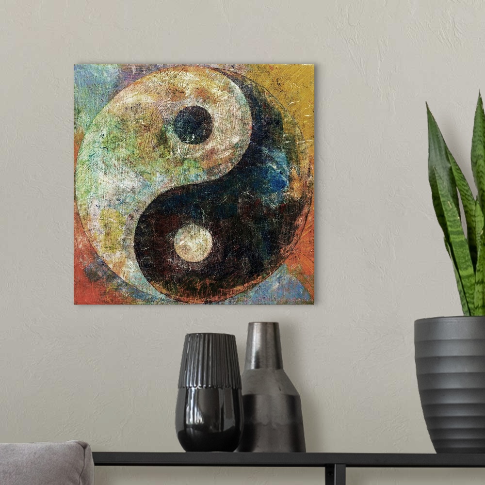 A modern room featuring A contemporary painting of a yin yang.