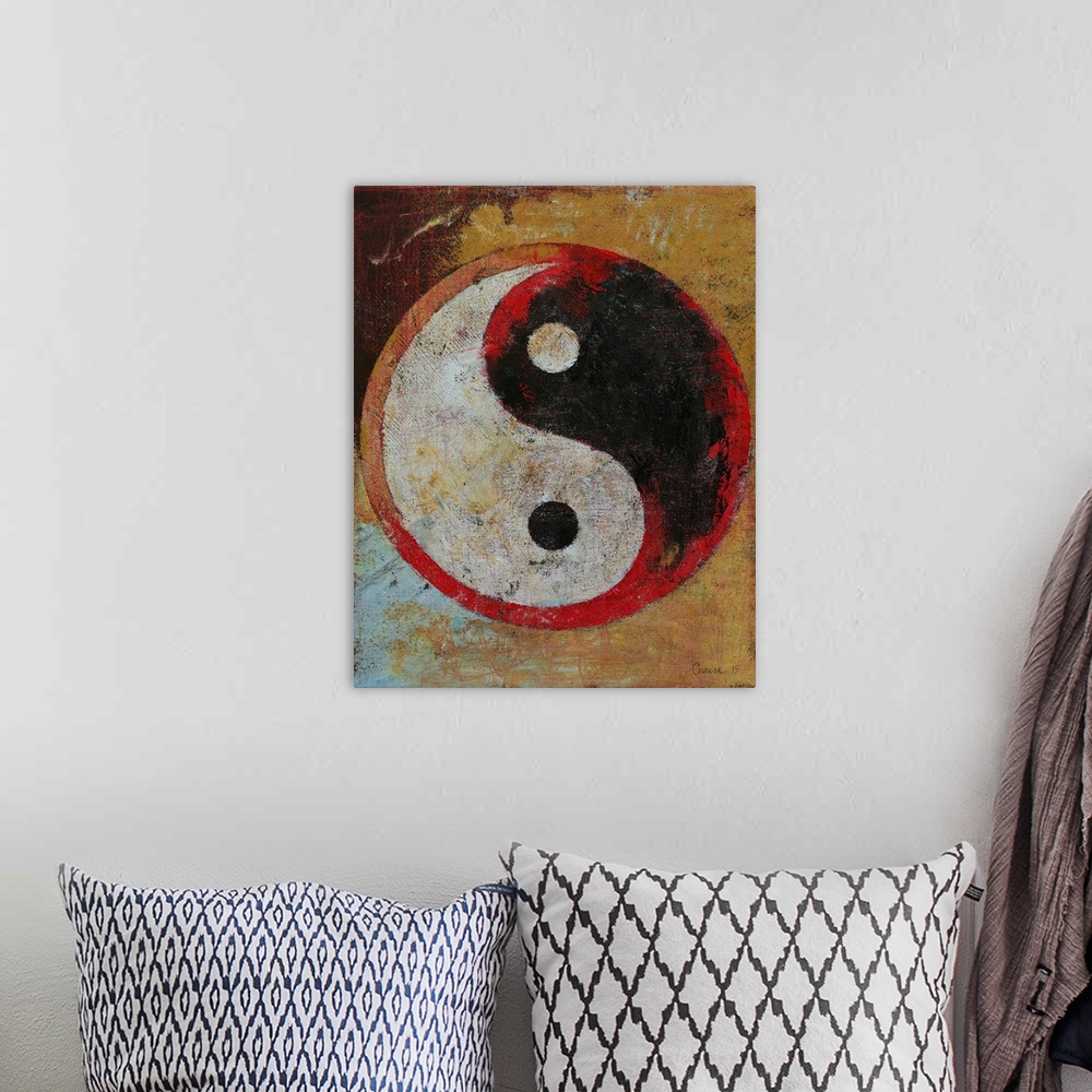 A bohemian room featuring A contemporary painting of a yin yang.