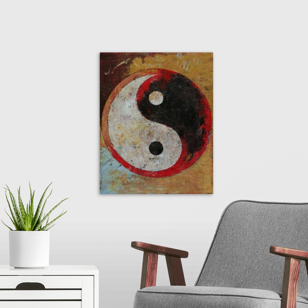 A modern room featuring A contemporary painting of a yin yang.