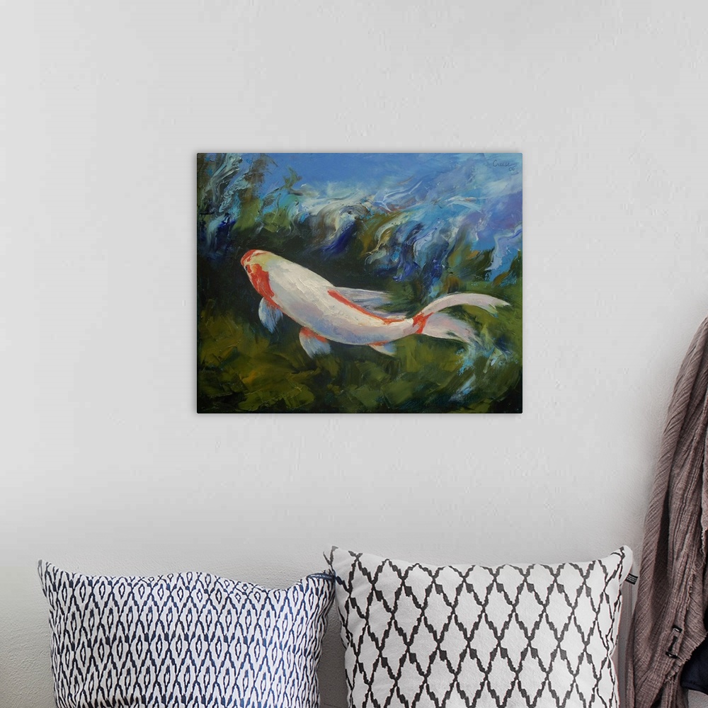 A bohemian room featuring Oil painting on canvas of a koi fish swimming in water.