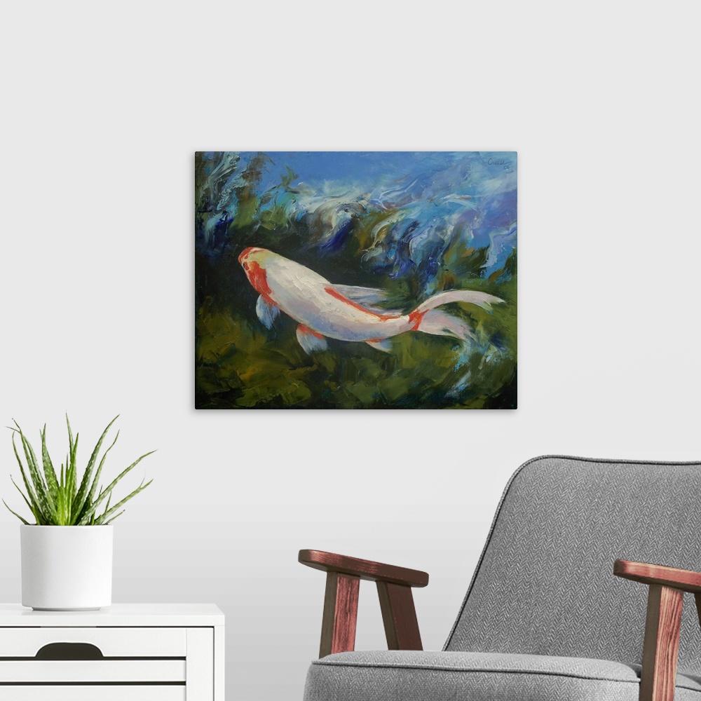 A modern room featuring Oil painting on canvas of a koi fish swimming in water.