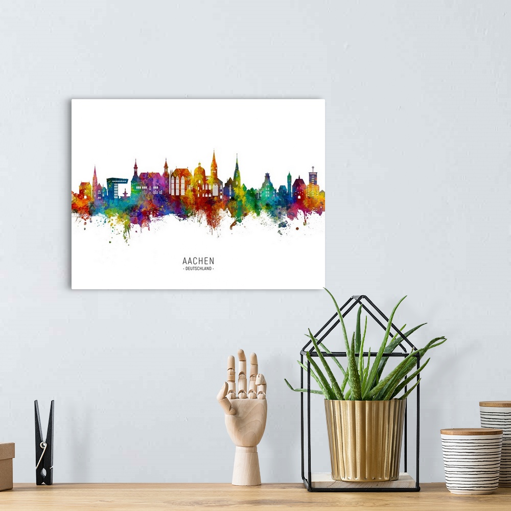 A bohemian room featuring Watercolor art print of the skyline of Aachen, Germany