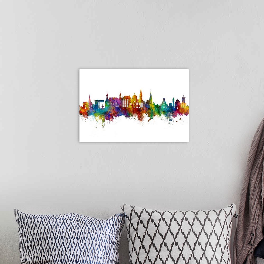A bohemian room featuring Watercolor art print of the skyline of Aachen, Germany