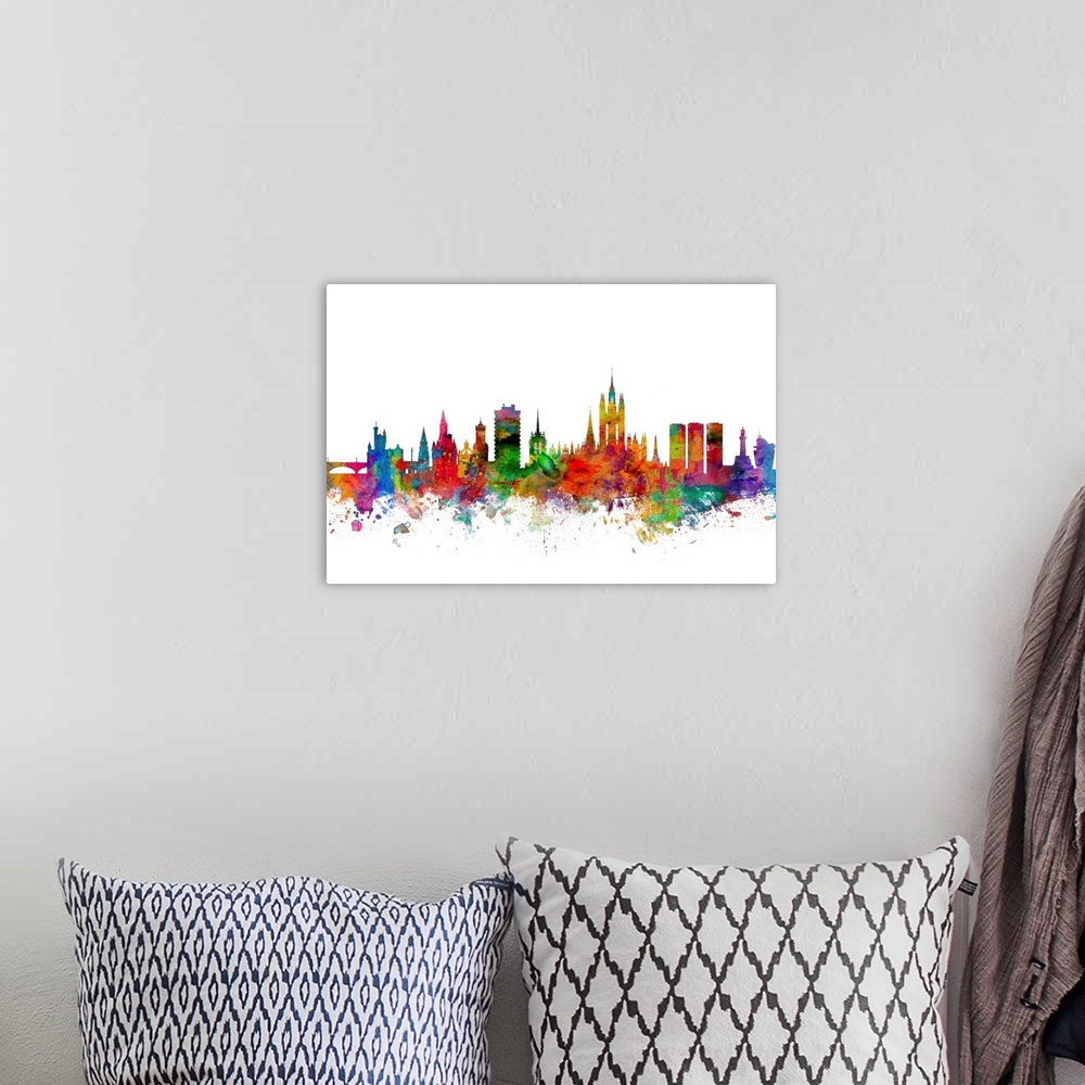 A bohemian room featuring Watercolor artwork of the Aberdeen skyline against a white background.