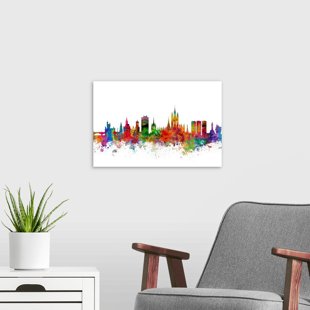 A modern room featuring Watercolor artwork of the Aberdeen skyline against a white background.