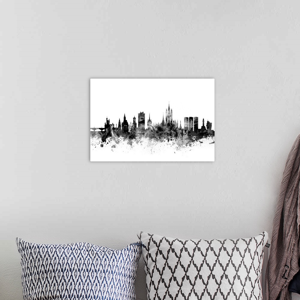 A bohemian room featuring Contemporary artwork of the Aberdeen city skyline in black watercolor paint splashes.