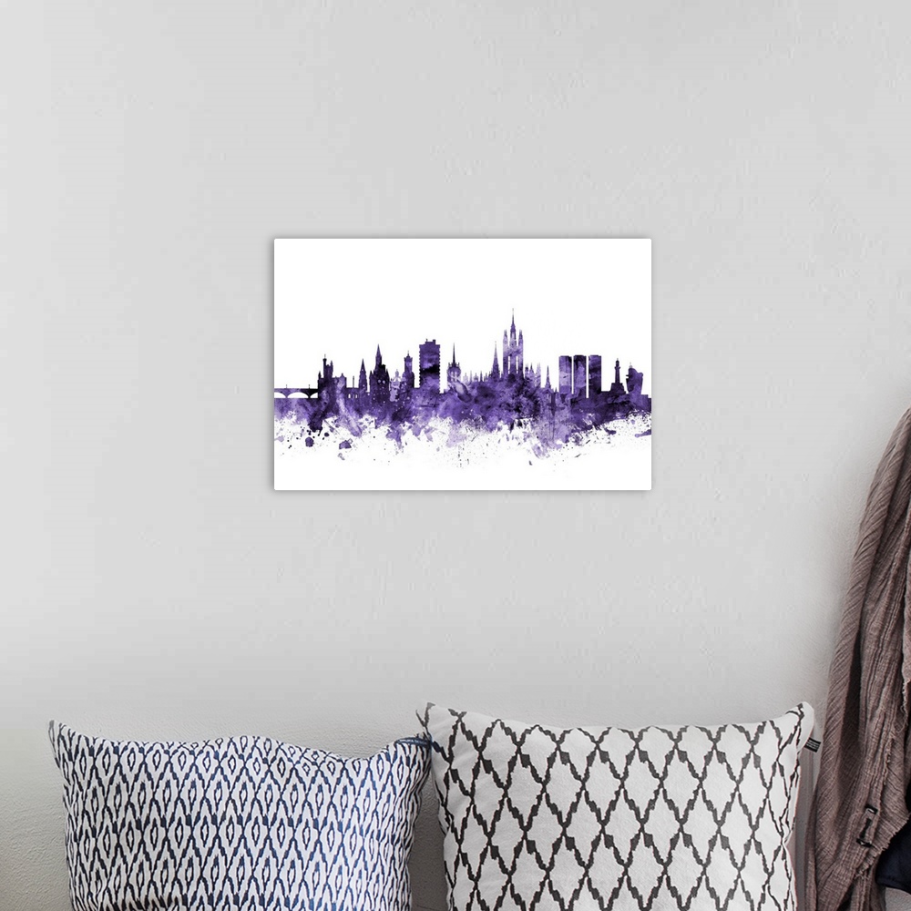 A bohemian room featuring Watercolor art print of the skyline of Aberdeen, Scotland, United Kingdom