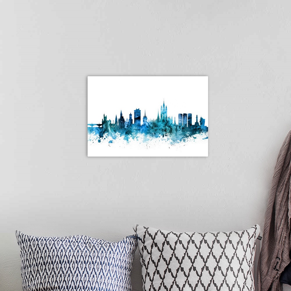 A bohemian room featuring Watercolor art print of the skyline of Aberdeen, Scotland, United Kingdom.