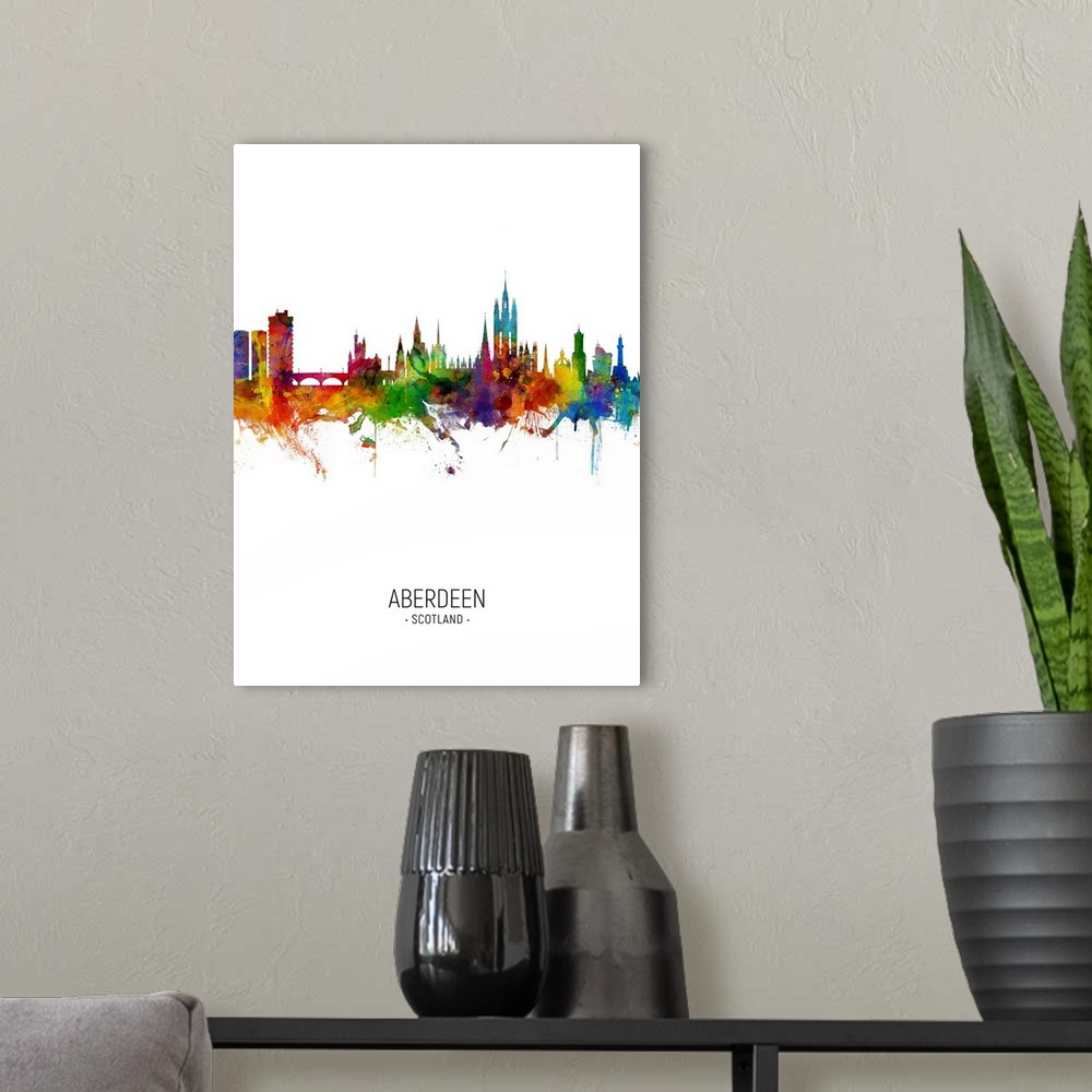 A modern room featuring Watercolor art print of the skyline of Aberdeen, Scotland, United Kingdom