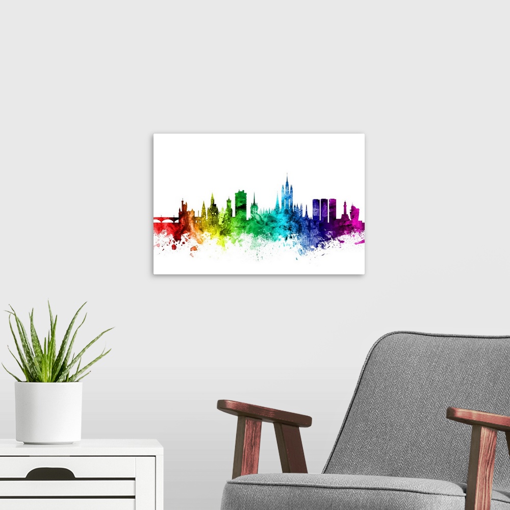 A modern room featuring Watercolor art print of the skyline of Aberdeen, Scotland, United Kingdom.