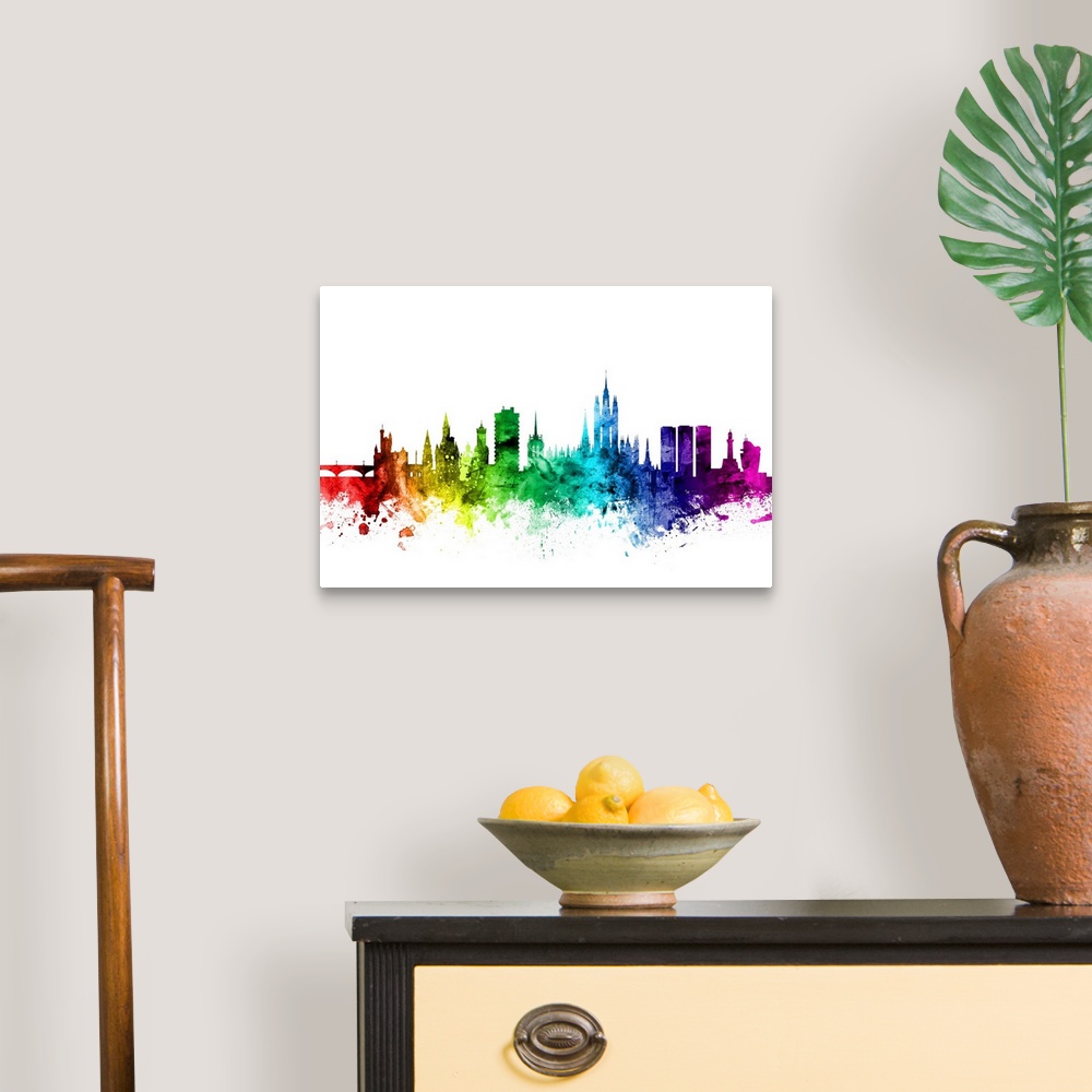 A traditional room featuring Watercolor art print of the skyline of Aberdeen, Scotland, United Kingdom.