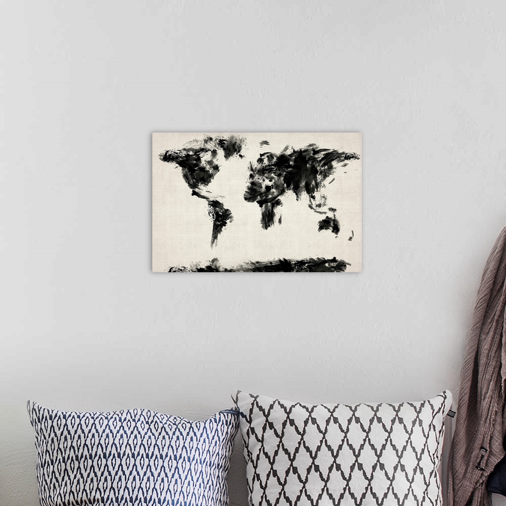 A bohemian room featuring Giant monochromatic illustration shows a map of the Earth through the use of short and intense br...
