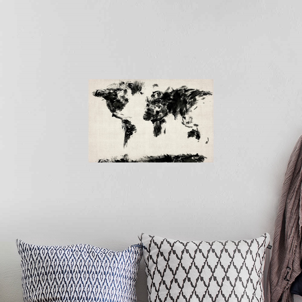 A bohemian room featuring Giant monochromatic illustration shows a map of the Earth through the use of short and intense br...