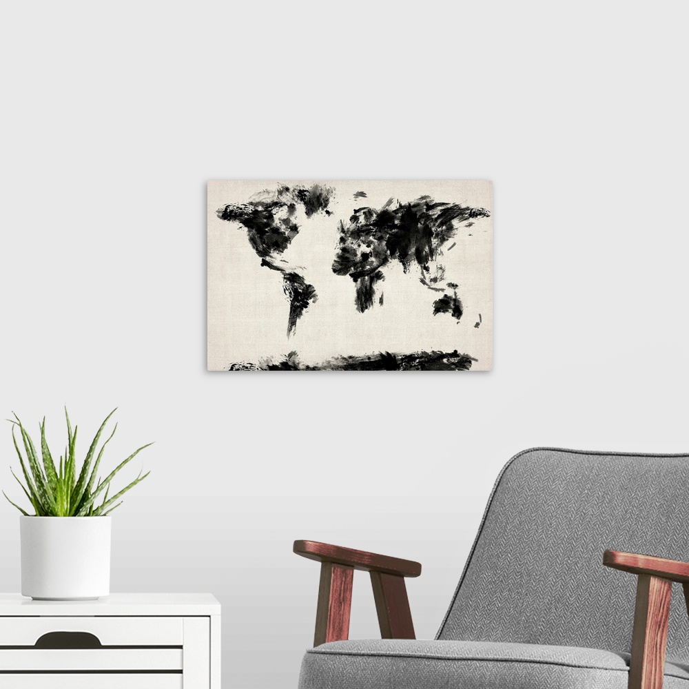 A modern room featuring Giant monochromatic illustration shows a map of the Earth through the use of short and intense br...
