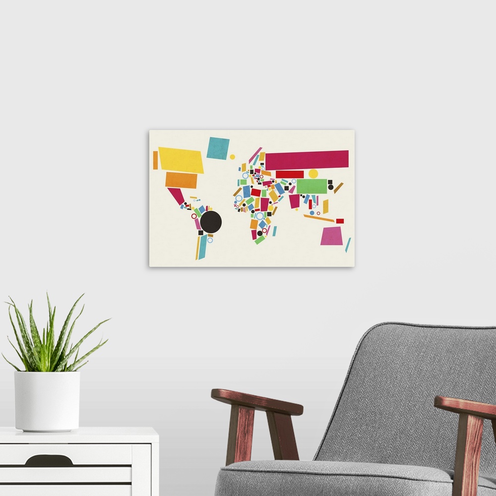 A modern room featuring Abstract map of the world made up of Geometric Shapes