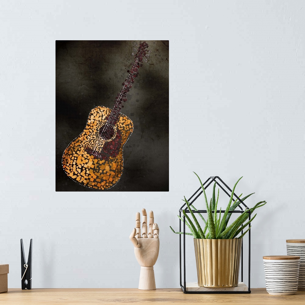 A bohemian room featuring Mixed media artwork of an acoustic guitar made from individually placed colored squares.