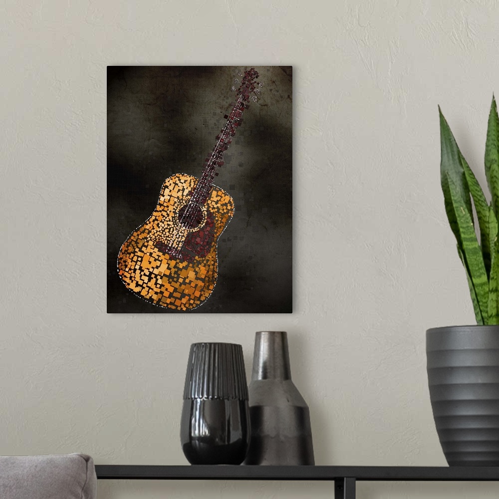 A modern room featuring Mixed media artwork of an acoustic guitar made from individually placed colored squares.