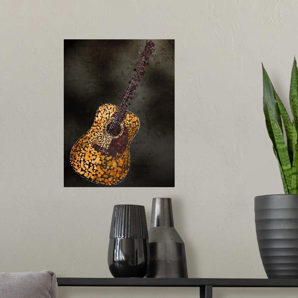 A modern room featuring Mixed media artwork of an acoustic guitar made from individually placed colored squares.