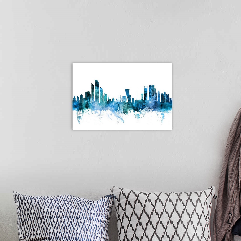 A bohemian room featuring Watercolor art print of the skyline of Abu Dhabi, United Arab Emirates.