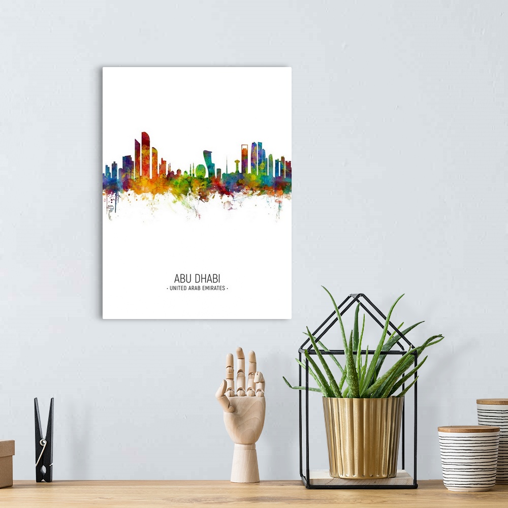 A bohemian room featuring Watercolor art print of the skyline of Abu Dhabi, United Arab Emirates