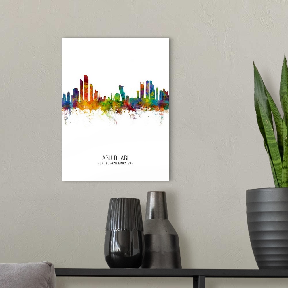 A modern room featuring Watercolor art print of the skyline of Abu Dhabi, United Arab Emirates