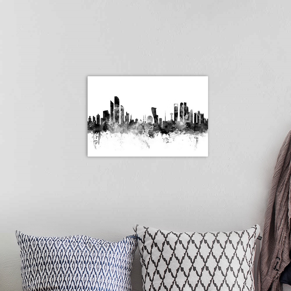 A bohemian room featuring Watercolor art print of the skyline of Abu Dhabi, United Arab Emirates.