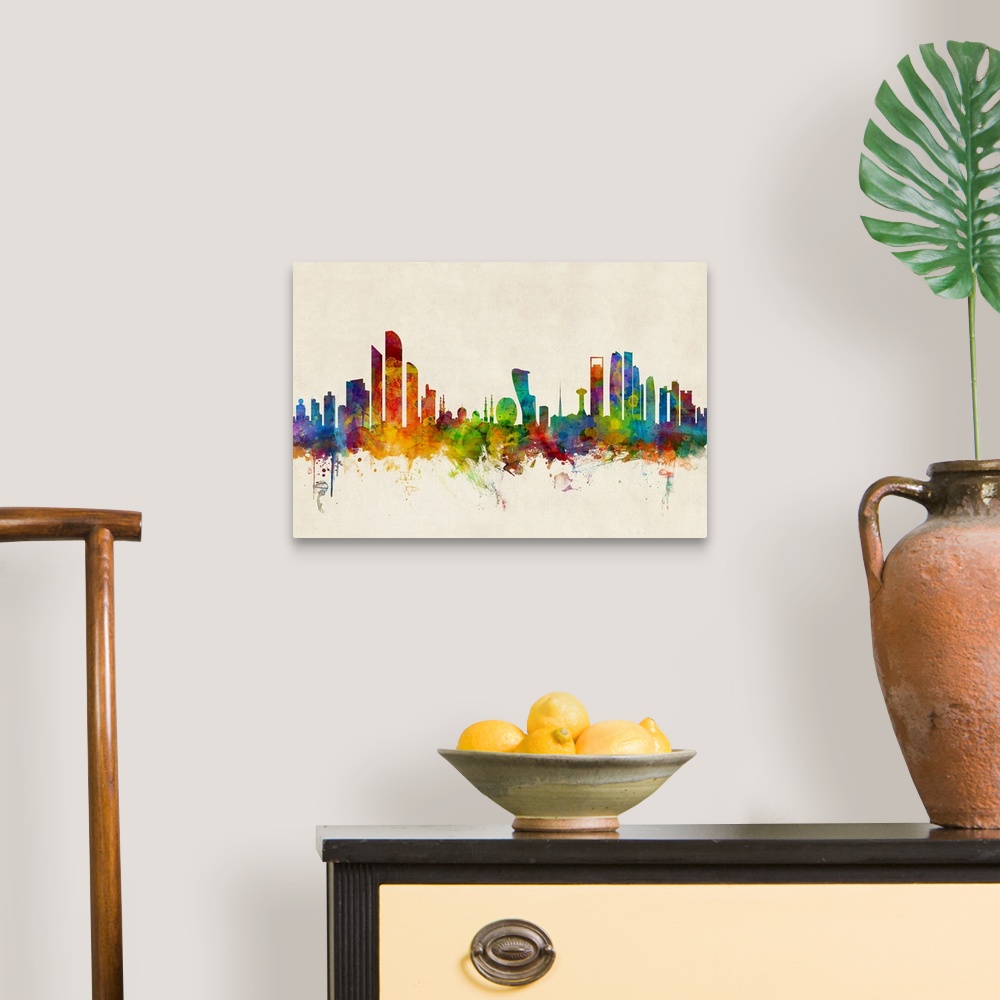 A traditional room featuring Watercolor art print of the skyline of Abu Dhabi, United Arab Emirates.
