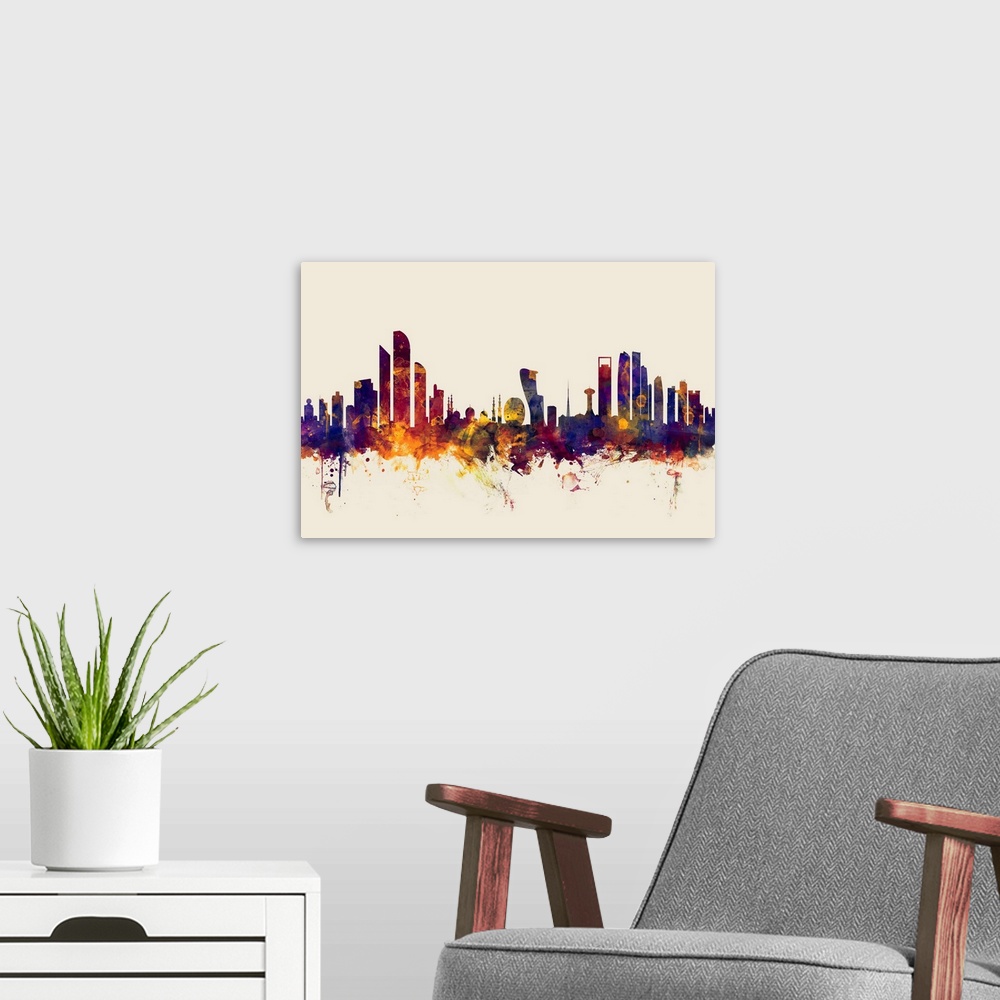A modern room featuring Watercolor art print of the skyline of Abu Dhabi, United Arab Emirates.