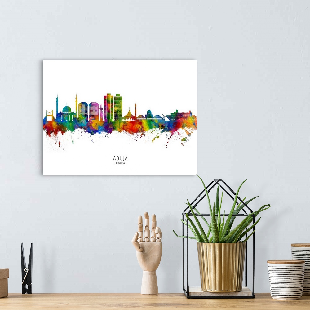 A bohemian room featuring Watercolor art print of the skyline of Abuja, Nigeria