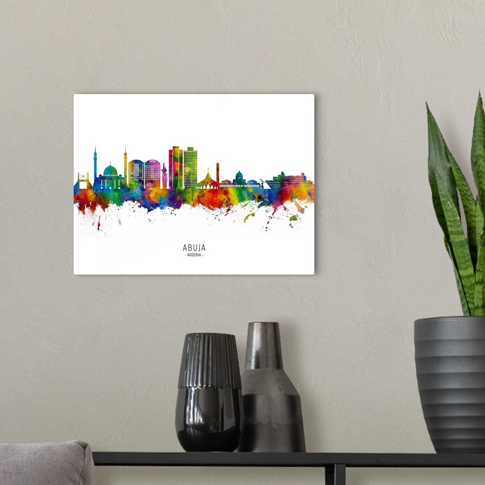 A modern room featuring Watercolor art print of the skyline of Abuja, Nigeria