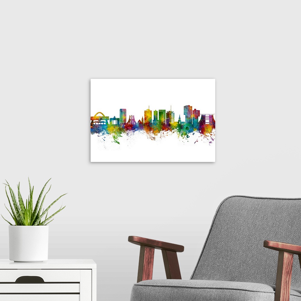 A modern room featuring Watercolor art print of the skyline of Accra, Ghana