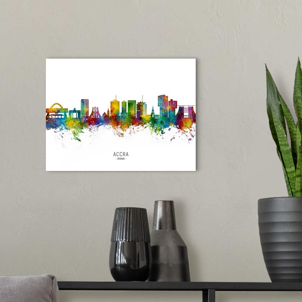 A modern room featuring Watercolor art print of the skyline of Accra, Ghana