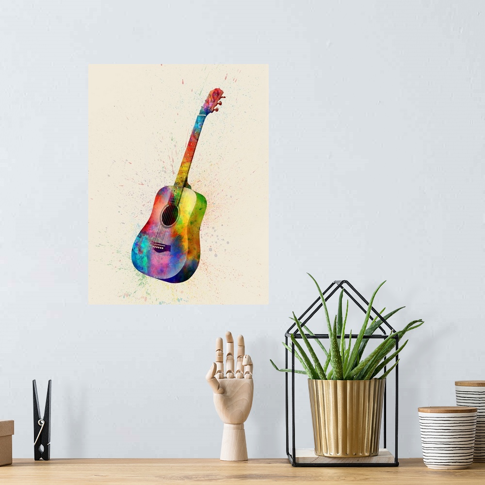 A bohemian room featuring Contemporary artwork of an acoustic guitar with bright colorful watercolor paint splatter all ove...