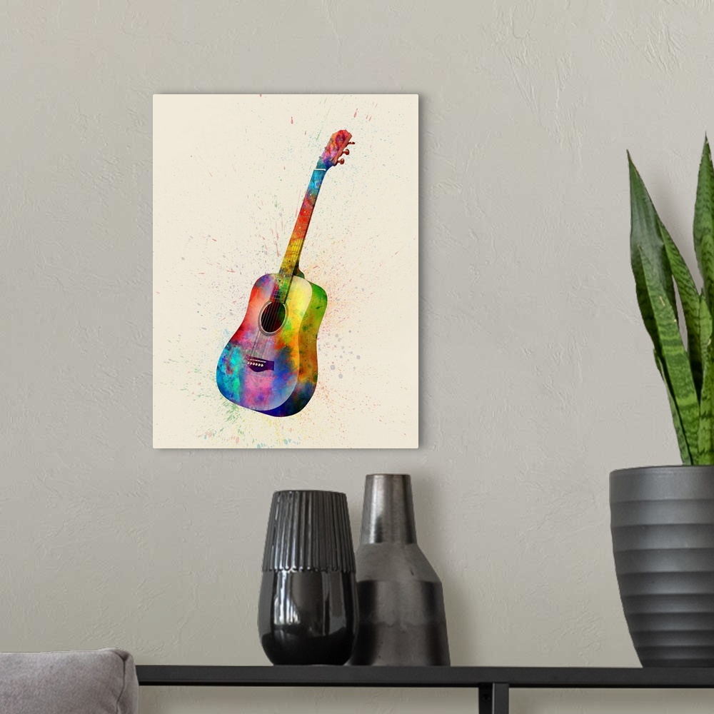 A modern room featuring Contemporary artwork of an acoustic guitar with bright colorful watercolor paint splatter all ove...