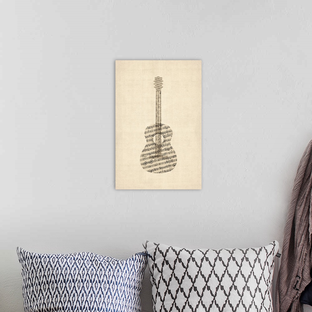 A bohemian room featuring Acoustic Guitar Old Sheet Music