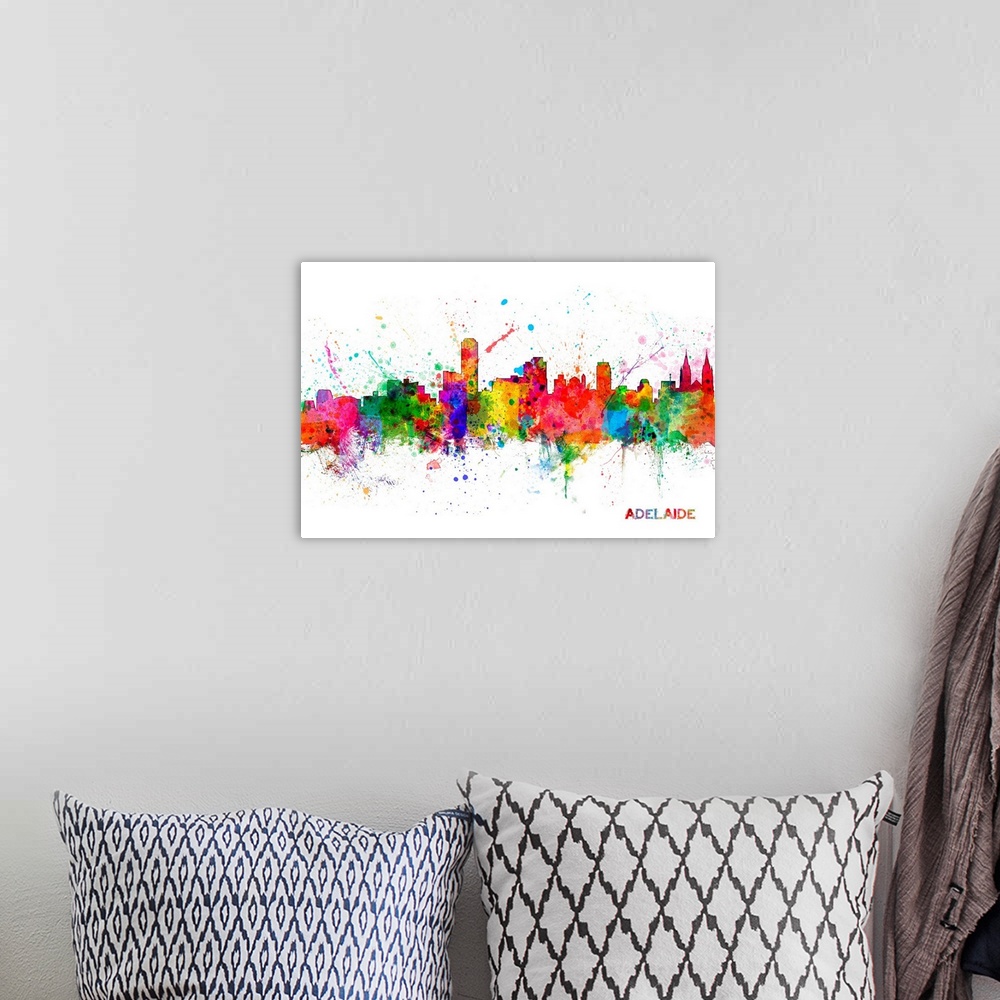 A bohemian room featuring Contemporary piece of artwork of the Adelaide, Australia skyline made of colorful paint splashes.
