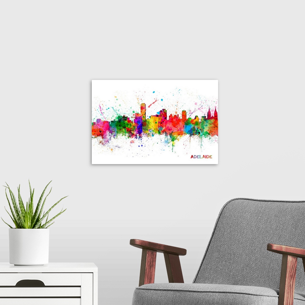 A modern room featuring Contemporary piece of artwork of the Adelaide, Australia skyline made of colorful paint splashes.