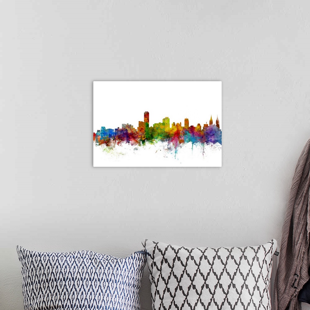 A bohemian room featuring Watercolor artwork of the Adelaide skyline against a white background.