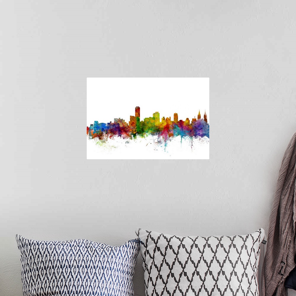 A bohemian room featuring Watercolor artwork of the Adelaide skyline against a white background.