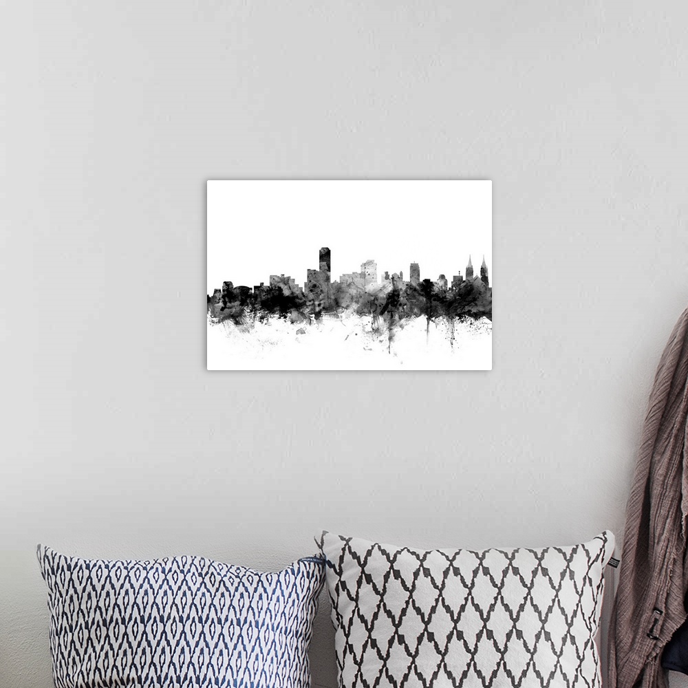 A bohemian room featuring Contemporary artwork of the Adelaide city skyline in black watercolor paint splashes.