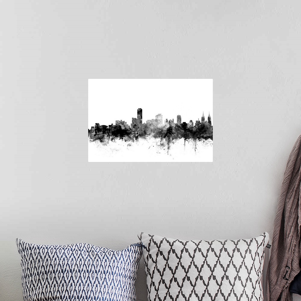A bohemian room featuring Contemporary artwork of the Adelaide city skyline in black watercolor paint splashes.