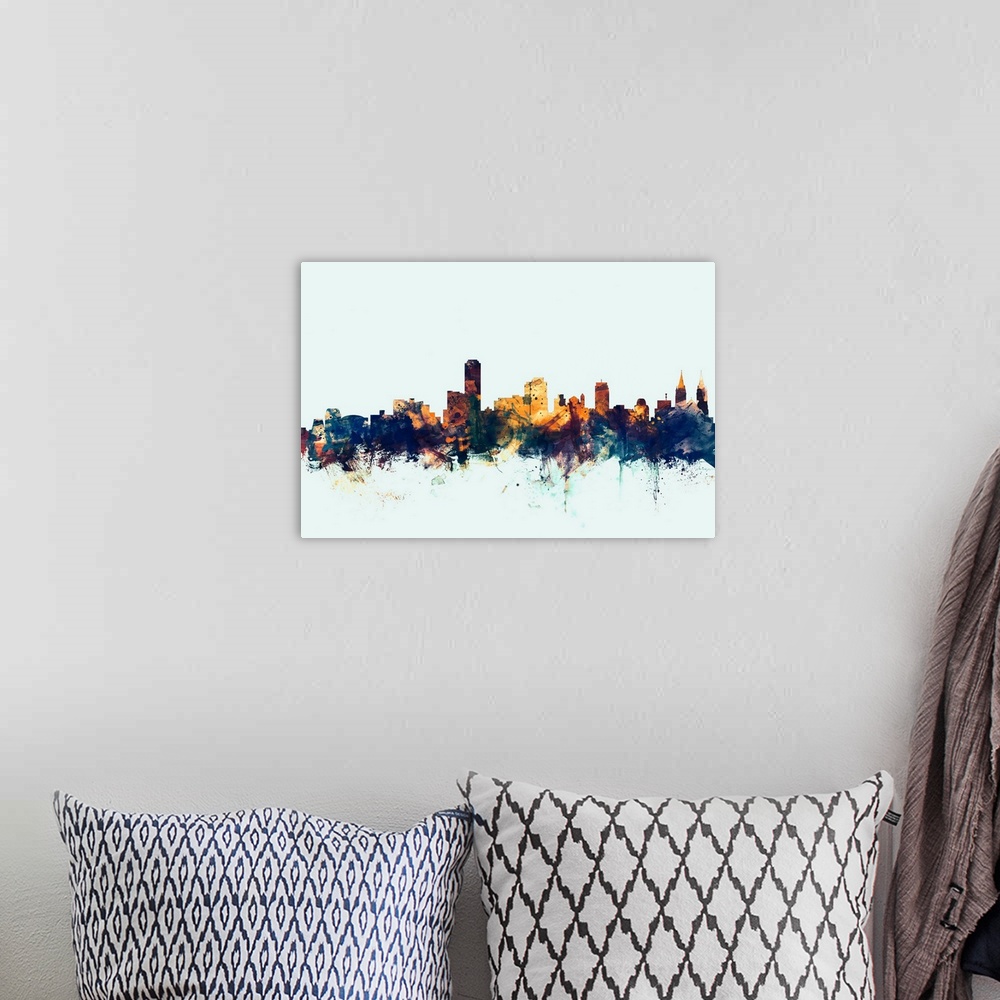 A bohemian room featuring Watercolor art print of the skyline of Adelaide, South Australia, Australia