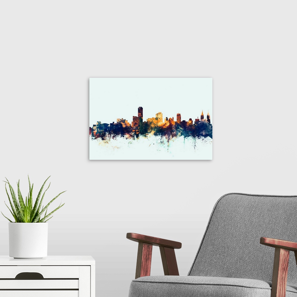 A modern room featuring Watercolor art print of the skyline of Adelaide, South Australia, Australia