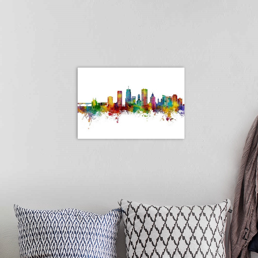 A bohemian room featuring Watercolor art print of the skyline of Akron, Ohio
