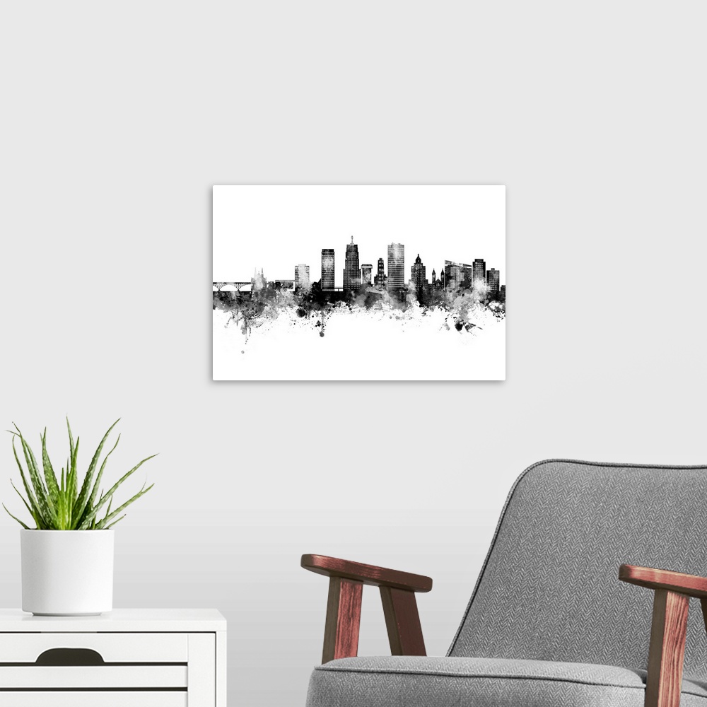 A modern room featuring Watercolor art print of the skyline of Akron, Ohio