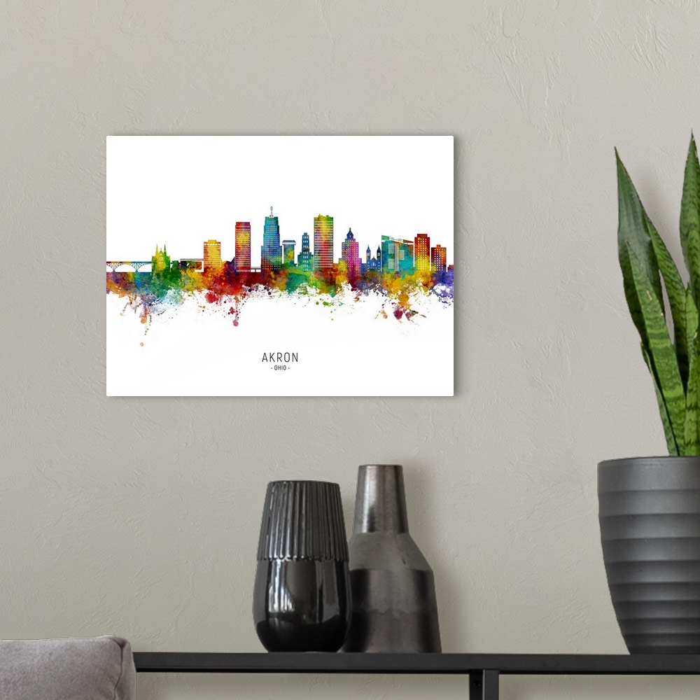 A modern room featuring Watercolor art print of the skyline of Akron, Ohio
